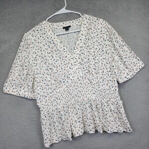 Ann Taylor Top Womens Petite PL White Ditsy Floral Smocked‎ Cottagecore Flowy